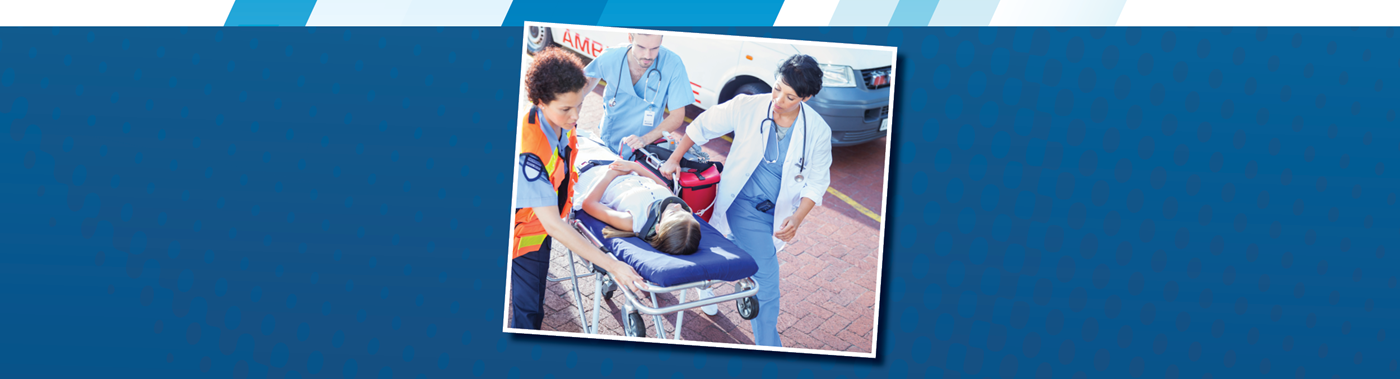 an EMT and two medical personnel wheeling a girl on a stretcher