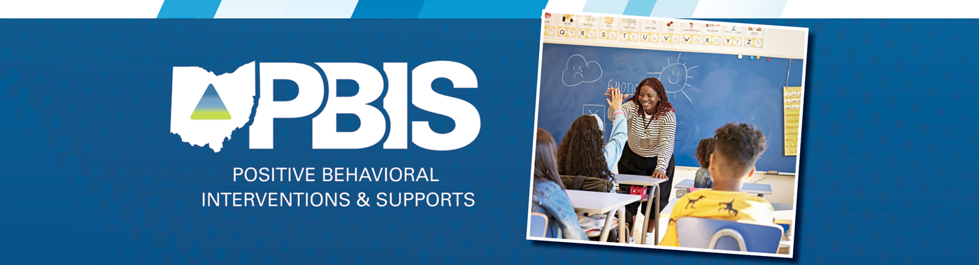PBIS logo and a teacher giving a student a high five in a classroom