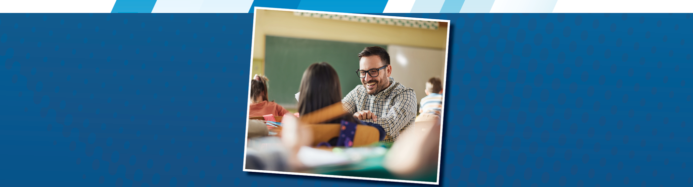 Smiling teacher talking with student
