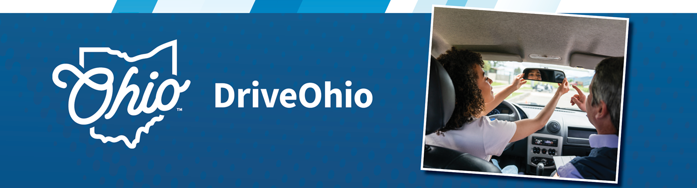 Drive Ohio logo, teen with driving instructor in a car