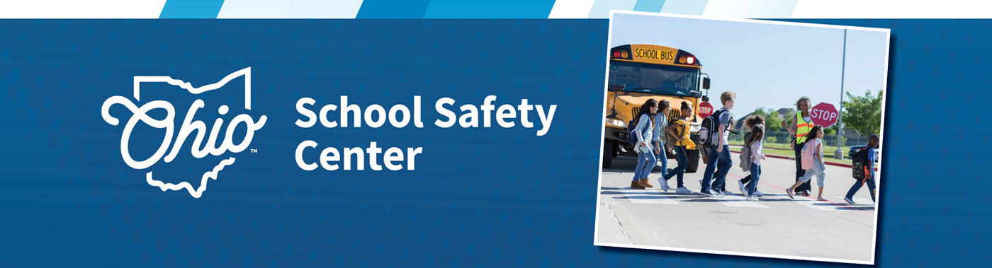 Ohio School Safety Center logo; Students crossing street in front of a school bus