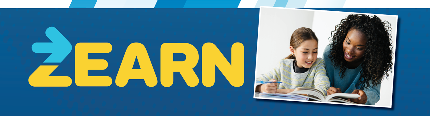 Zearn Logo; teacher helping student with homework