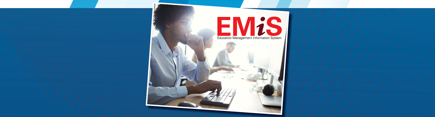 man working at a computer; EMIS logo