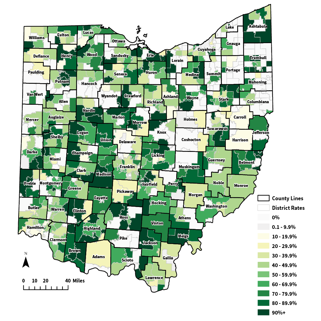 School District Map of Career Technical Education participation for grades 7-8 in School year 2025 with county outlines