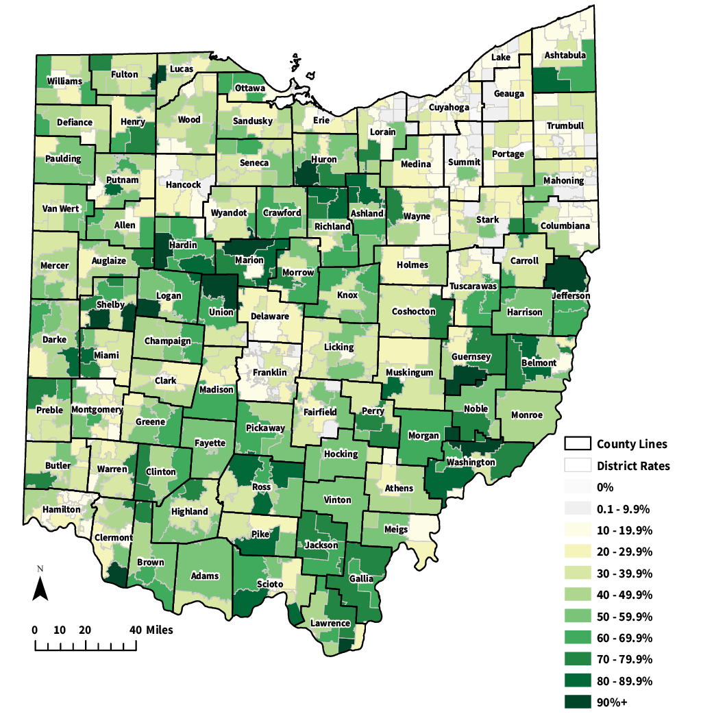 School District Map of Career Technical Education participation for grades 9-12 in School year 2025 with county outlines