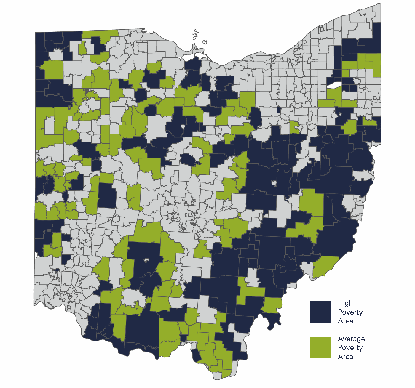 This is a map of Ohio's Rural School Districts. It shows areas with high poverty colored in blue and areas with average poverty colored in green.