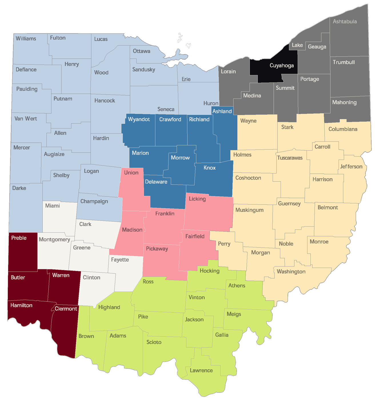 Preschool and School Age Child Care Licensing and Step Up To Quality regional map showing 9 regions and their specialists. Those countiy regions are are written out below