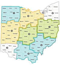 Ohio map that displays Ohio's 10 grant administration districts
