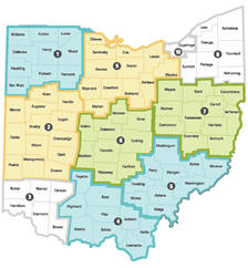 Map of Ohio's regional grants administration contacts