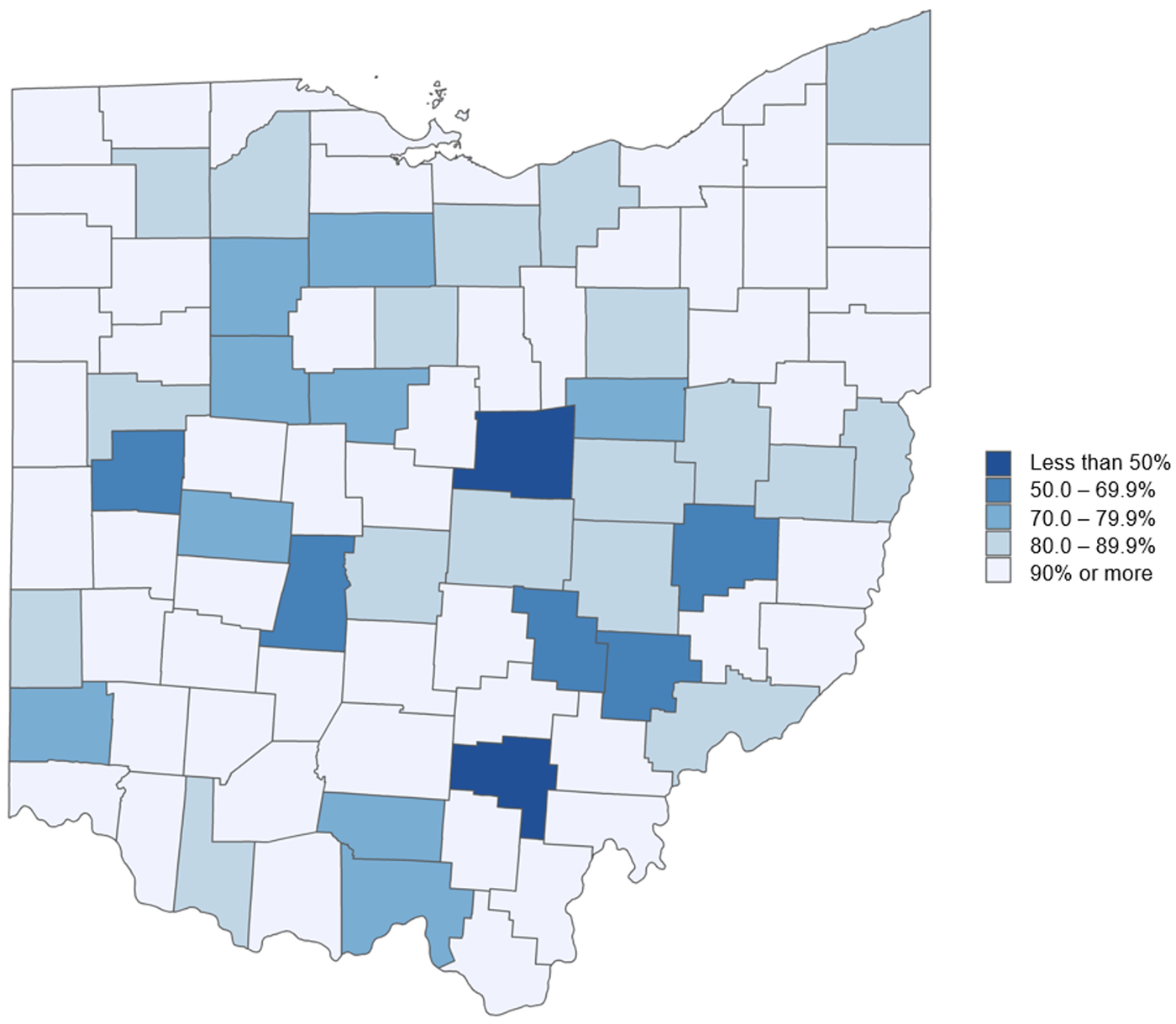 Map of Ohio that shows the average percentage of students’ access to technology devices across counties.