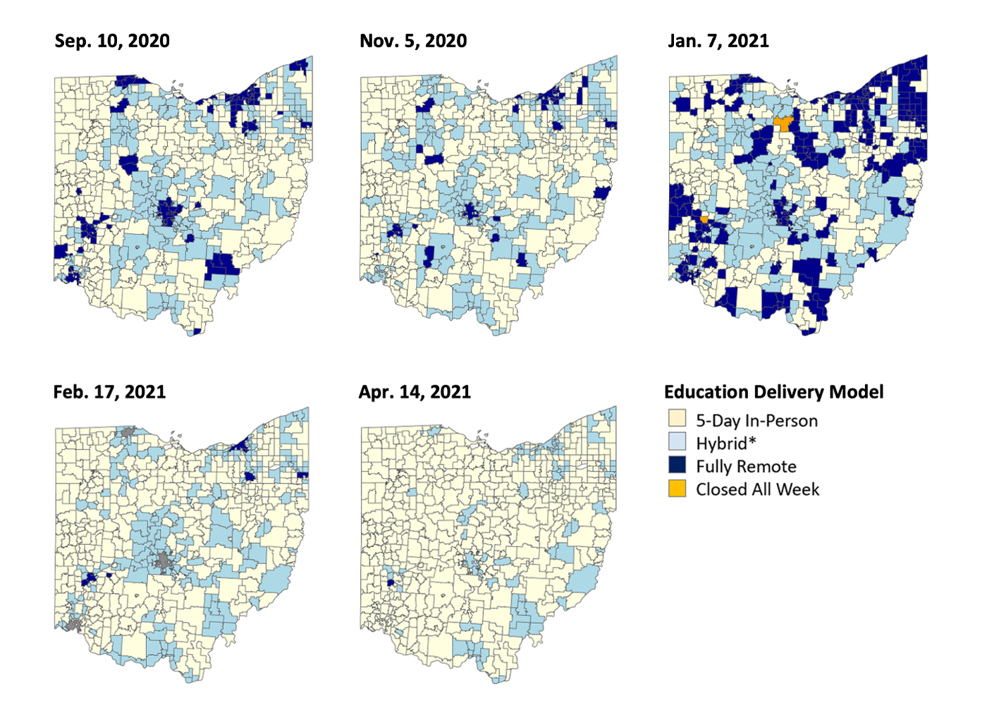 Maps of Education Delivery Models for Sep. 10, 2020, Nov. 7, 2020 and Jan. 7, 2021