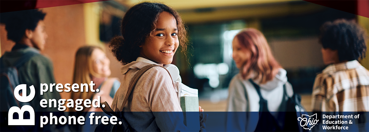 Banner image of a group of students in a hallway at school. Text over the image saying Be present. Be engaged. Be phone free.