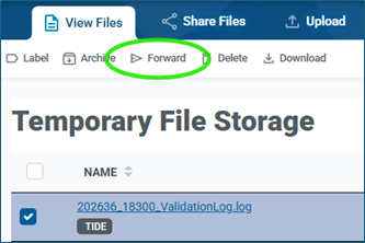 Screenshot of Temporary File Storage screen with "Forward" button circled